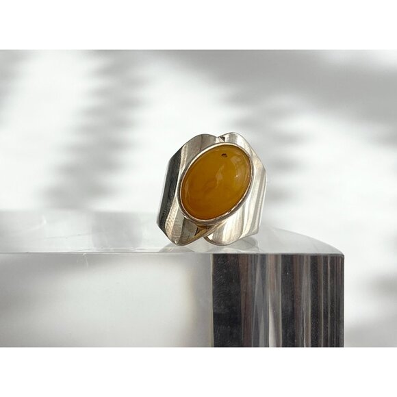 Butterscotch Natural Amber Modernist  XL 925 Sterling Silver Vintage Ring - sz 7 - Picture 11 of 11